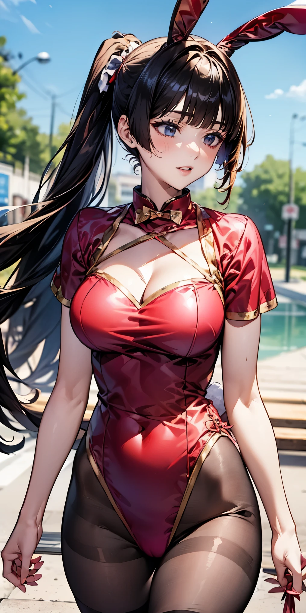 （（highest quality，8K，T Masterpiece：1.3））， sharp focus：1.2，cute woman with perfect figure：1.4，（（（（（huge cleavage））），（ridiculously big breasts：1.5），straight hair、hair blowing in the wind（huge hips），smile，thin abs：1.2，((black hair:1.4, princess cut))，Highly deしっぽed face and skin texture，tail eyes，double eyelid、/ (wear white top over red playboy_red bunny leotard:1.3), (Clothes divided into upper and lower parts:1.2), (short sleeve:1.1), ((red bunny girl costume:1.8)), (Fishnet tights:1.2), high heels, ((rabbit tail:1.2, rabbit ears)), (ponytail:1.3)
