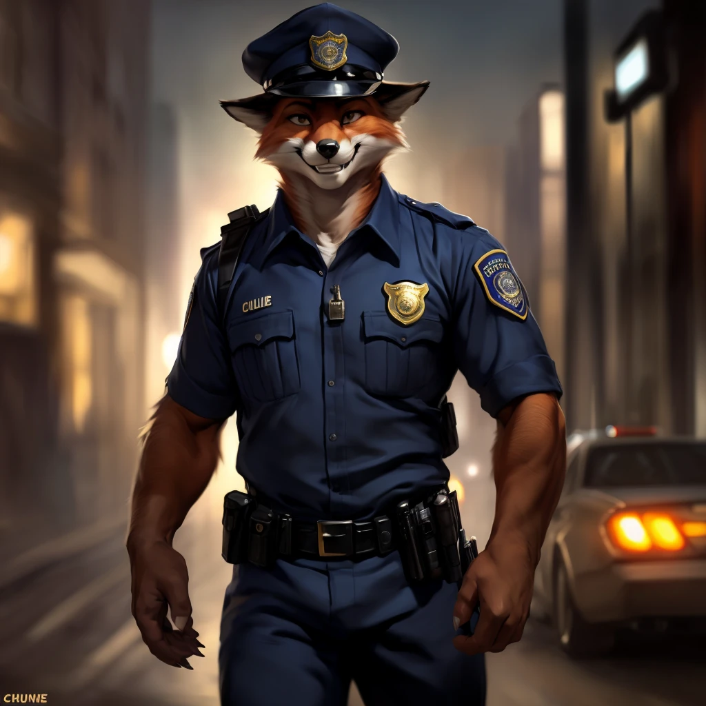 Fox, Male, Solo, Slim Body, Claws, Left Hand waving on viewer, right hand on hips, Fox Tail, Correct Anatomy, Wearing Cop outfit, Cop hat, Police department background, Police Badge, Gun holster, Radio on chest with wire going to back, Smiling, Fox Teeth, Fur, (Photorealistic, Realistic shadows, depth of field, Wide Dynamic Field, Dark Shadows, HDR, Low Light: 1.2, Full Body Shot), (by null-ghost, by Chunie, by darkgem),