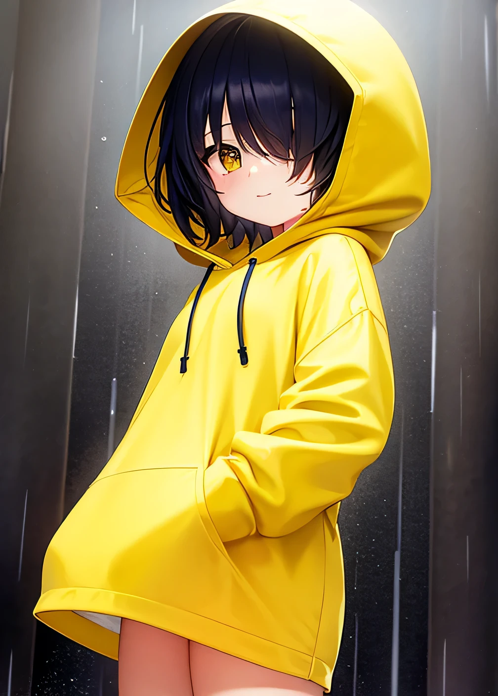 Yellow hood, yellow rain hood, (((hair over eyes))), Litte, girl, kid, ((One eye)), simple hood, ((yellow hood)), bottomless, nothing underneath, Naked with a hood, just a hood, Bare hood, (Hair in eyes), Black hair, Slim, ((Short hair)), Seeing from below, gojo eye, Rain, Sidewalk, 5 fingers,
