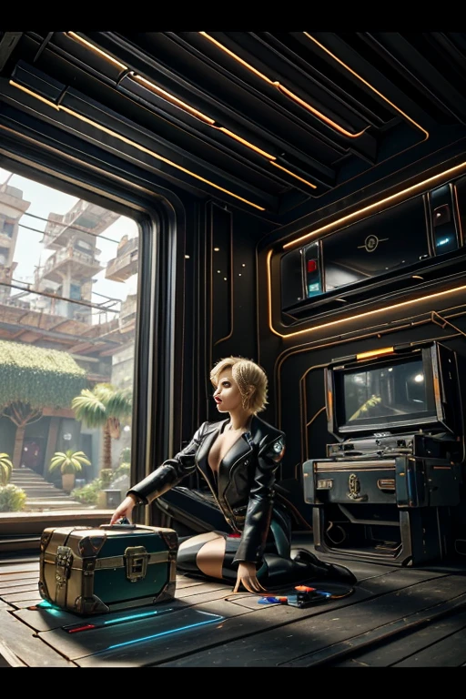 (best quality,4k,8k,highres,masterpiece:1.37), ultra-detailed, (realistic,photorealistic,photo-realistic:1.5), pixel art, (aerial view), (top down perspective), beautiful, (the focal point is one woman pulling a video game cartridge out of a futuristic artifact chest full of retro video game cartridges:1.6), (the woman is looking down:1.5), (Futuristic artifact box), (The woman is looking inside the artifact box:1.6), (the artifact box is open), (The scene unfolds inside a mystical cavern:1.4), mecha, cbpkv5, (The woman is wearing a high-tech black and blue metal cyberpunk bodysuit:1.37), (dynamic angle:1.4), (The woman has short blonde hair:1.6), (fantasy and sci-fi mixed:1.5), holographic glitch effects floats around the woman, vibrant colors, (A purple glow emanates from inside the treasure chest), glowing lights, (abandoned machinery), (there are old video game cartridges and consoles on the background), mystical creatures, pixelated details, (there are crystal formations spreading on the background), (futuristic technology), (ancient artifacts), mystical energy, vibrant retro aesthetic, atmospheric lighting, hidden passages, ancient ruins, mysterious symbols, shimmering water, lush vegetation, interdimensional portals, ethereal music, nostalgic atmosphere, immersive storytelling, epic adventure, delightful surprises