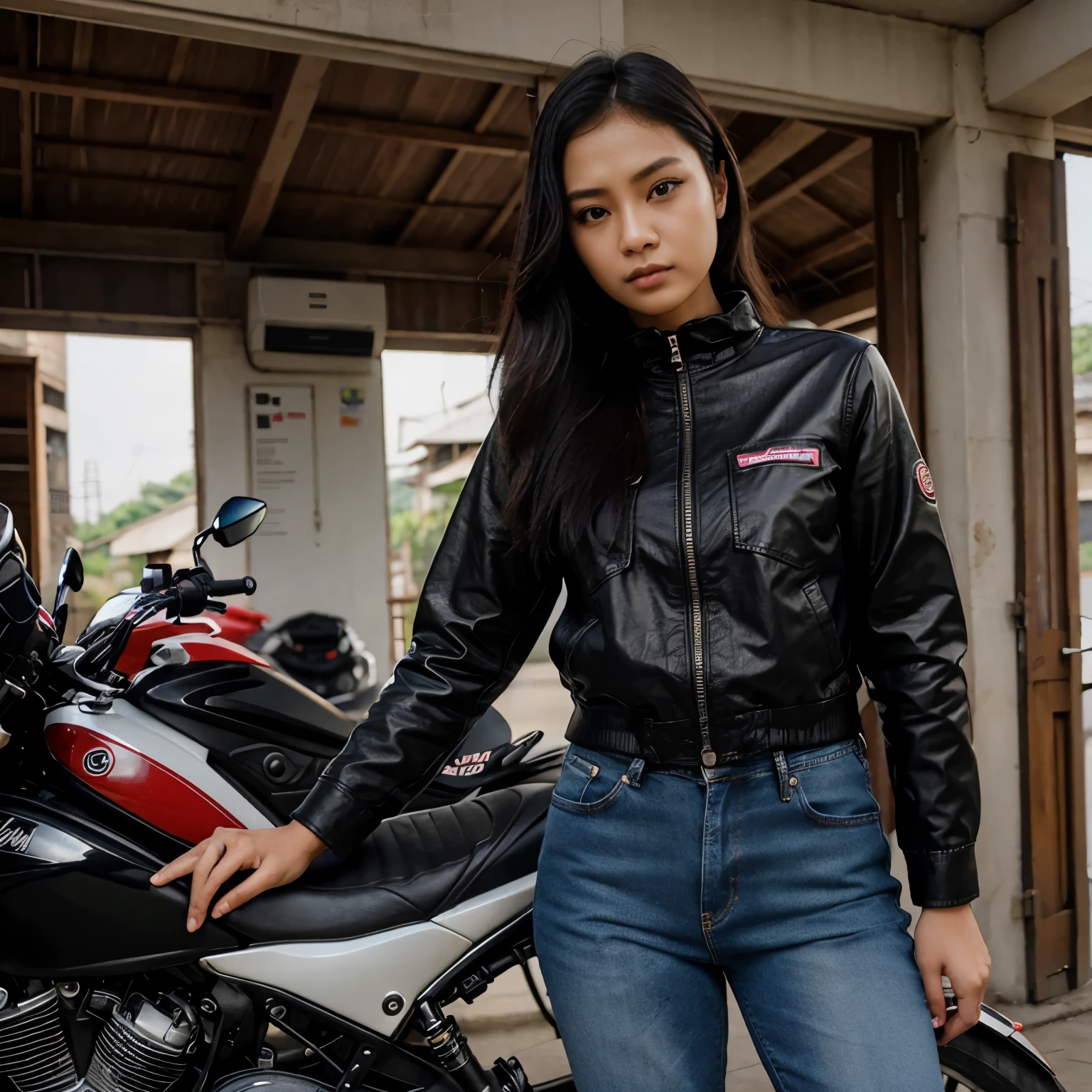 Foto seorang pria tampan asia dan wanita mengenakan jaket kulit hitam celana jeans sedang berboncengan mengendarai sepeda motor