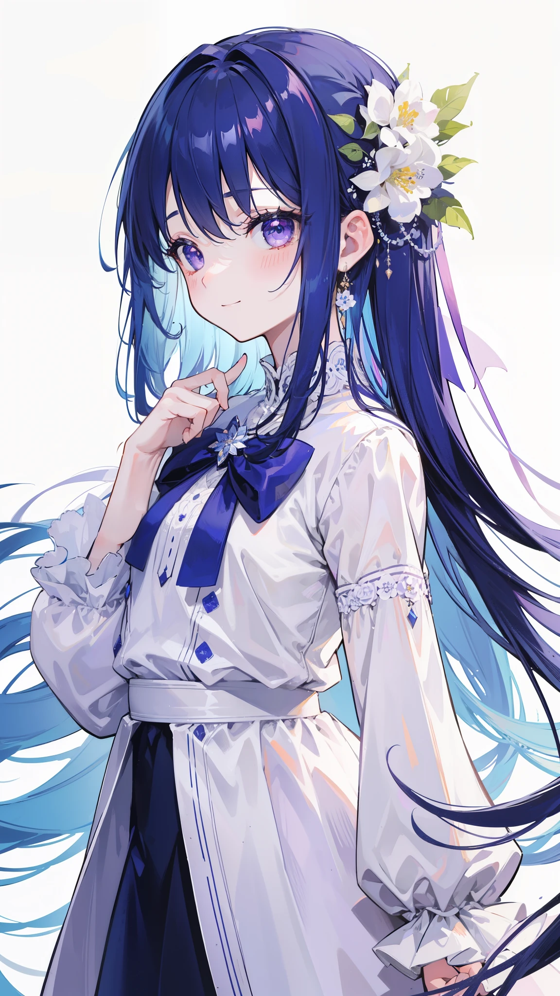 32k, best quality, ultra high res, HDR, UHD, extremely detailed CG, unity 32k wallpaper, highest quality, masterpiece, very detailed, detailed background, 1 girl, alone, long hair, flower, blue hair, white background, pink flower, simple background, profile, Upper body, shirt, white shirt, white flower, bow, bangs, purple eyes, leaf, blush, smile,