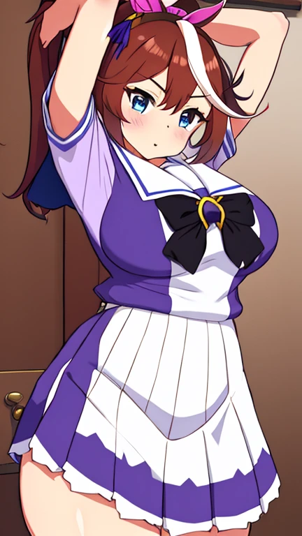 (huge huge tits), High resolution, 1 girl, marl, alone, Tokai Teio (Umamusume), Trasen , white thighs, white skirt, ponytail, sailor shirt, short sleeve, very long hair, brown haired, horseshoe decoration, sailor collar, purple shirt, hair intake, mini skirt, land, teeth, blue eyes, bangs, embarrassing, low length