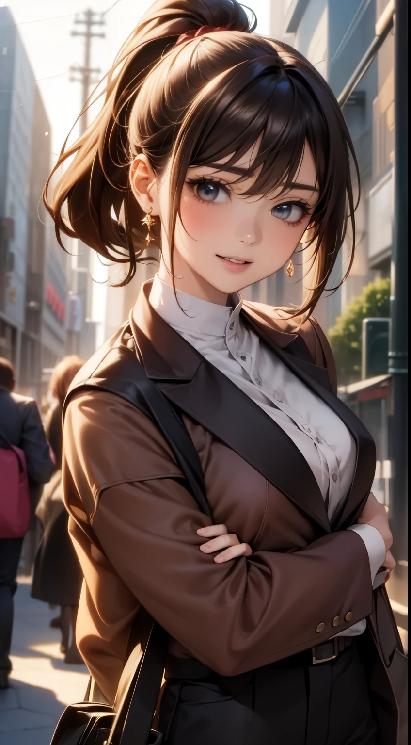 anime「Attack on Titan」Shasa&#39;s, shoulder length hair, brown hair, ponytail, beautiful, beautiful woman, perfect body, perfect breasts, Wearing a white formal shirt, black blazer, black pants, carrying a bag, wearing a watch, earrings wearing earrings, In public, Creatures of Tokyo City, Being on the street, Look at the viewer with a slight smile, realism, masterpiece, textured leather, Super detailed, high detail, high quality, 最high quality, 1080p, 16k