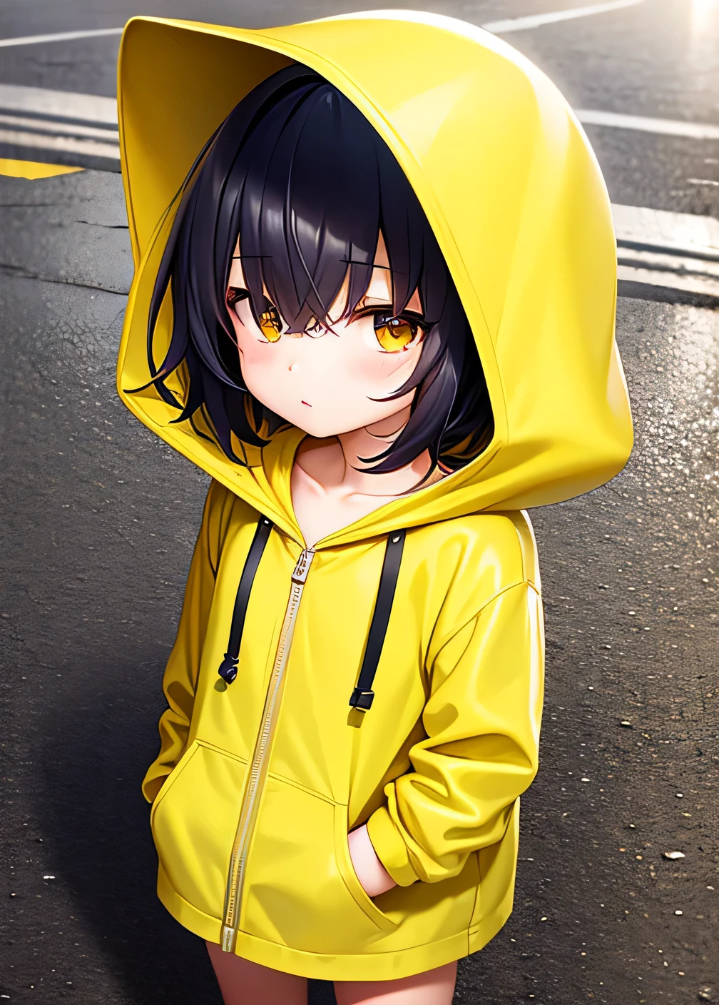 Yellow hood, yellow rain hood, (((hair over eyes))), Litte, girl, ???, ((One eye)), simple hood, ((yellow hood)), bottomless, Bare legs, nothing underneath, Naked with a hood, just a hood, Bare hood, (Hair in eyes), Black hair, Slim, ((Short hair)), Seeing from below, gojo eye, Rain, Sidewalk, 5 fingers,