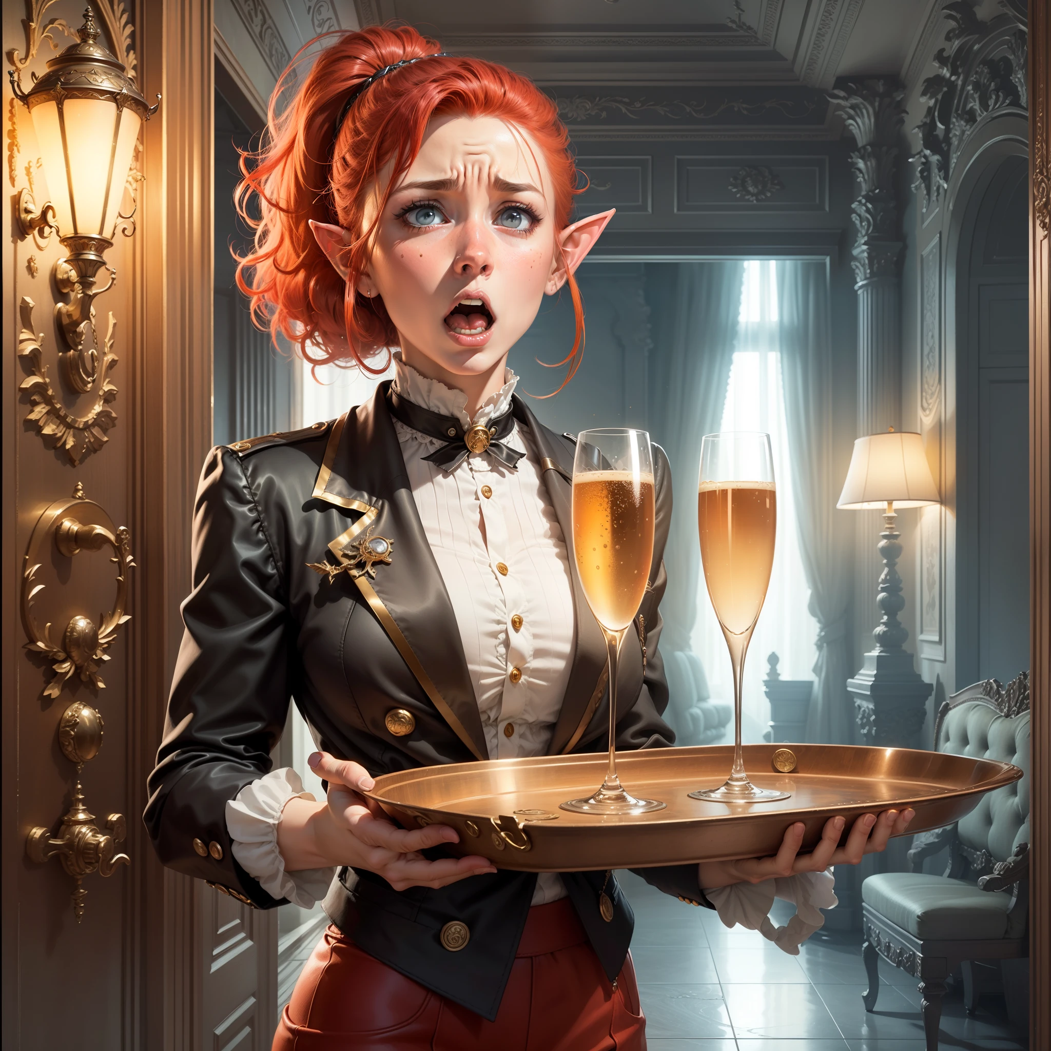 ((Meisterwerk, high quality, artgerm, artstation, vibrant colors, beautiful elf woman)), (Perfect body, surprised expression, shocked expression, red hair: 1.5), intricate ultra detailliert, vibrant color, hohe Details, beautiful elf woman in a bell boy outfit carrying a tray with two glasses of champagne, shocked expression on ther face, looking surprised, Hotel room, exclusive hotel, fabelhafte Illustrationen, style of luis royo, style of art frahm, inspired by luis royo, boris vallejo