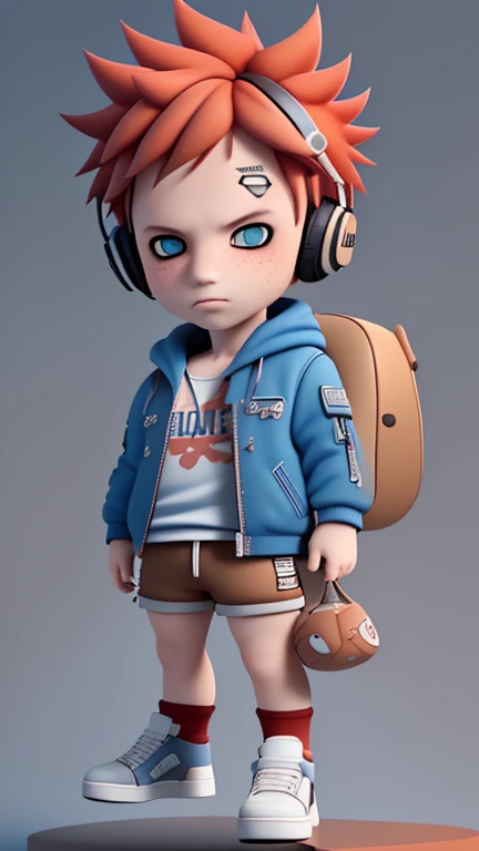 masterpiece, best quality, 8k, cinematic light, ultra high res, chibi, 1boy, shorts, red hair, headphones, bag, spiked hair, blue jacket, shoes, brown eyeull body:1.2), freckles, standing,