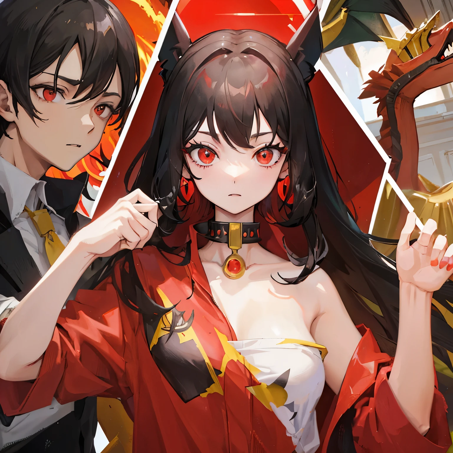 Man, neck length black hair, red eyes, Egyptian hair pieces, Charizard onesie, sly expression