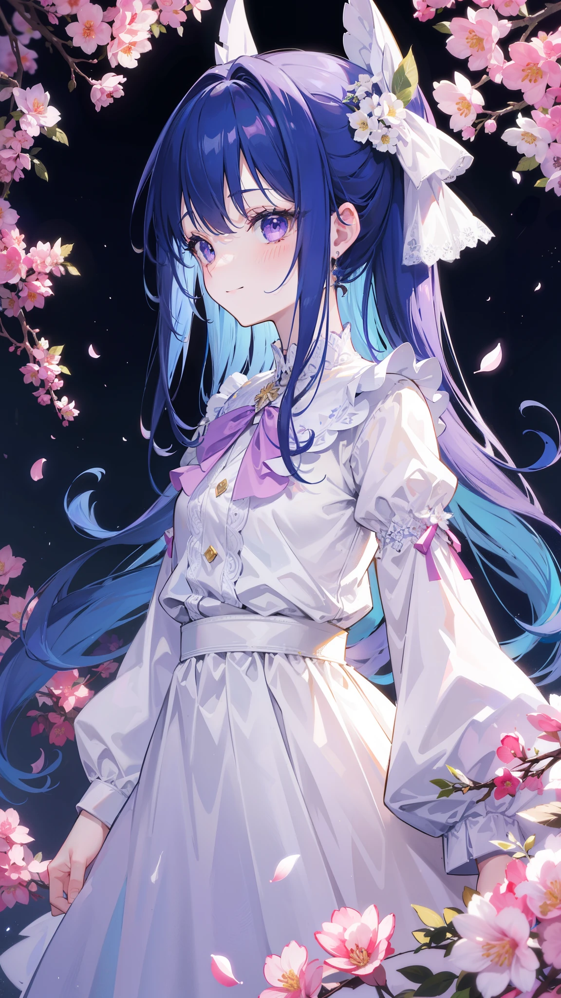 32k, best quality, ultra high res, HDR, UHD, extremely detailed CG, unity 32k wallpaper, highest quality, masterpiece, very detailed, detailed background, 1 girl, alone, long hair, flower, blue hair, white background, pink flower, simple background, profile, Upper body, shirt, white shirt, white flower, bow, bangs, purple eyes, leaf, blush, smile, 
