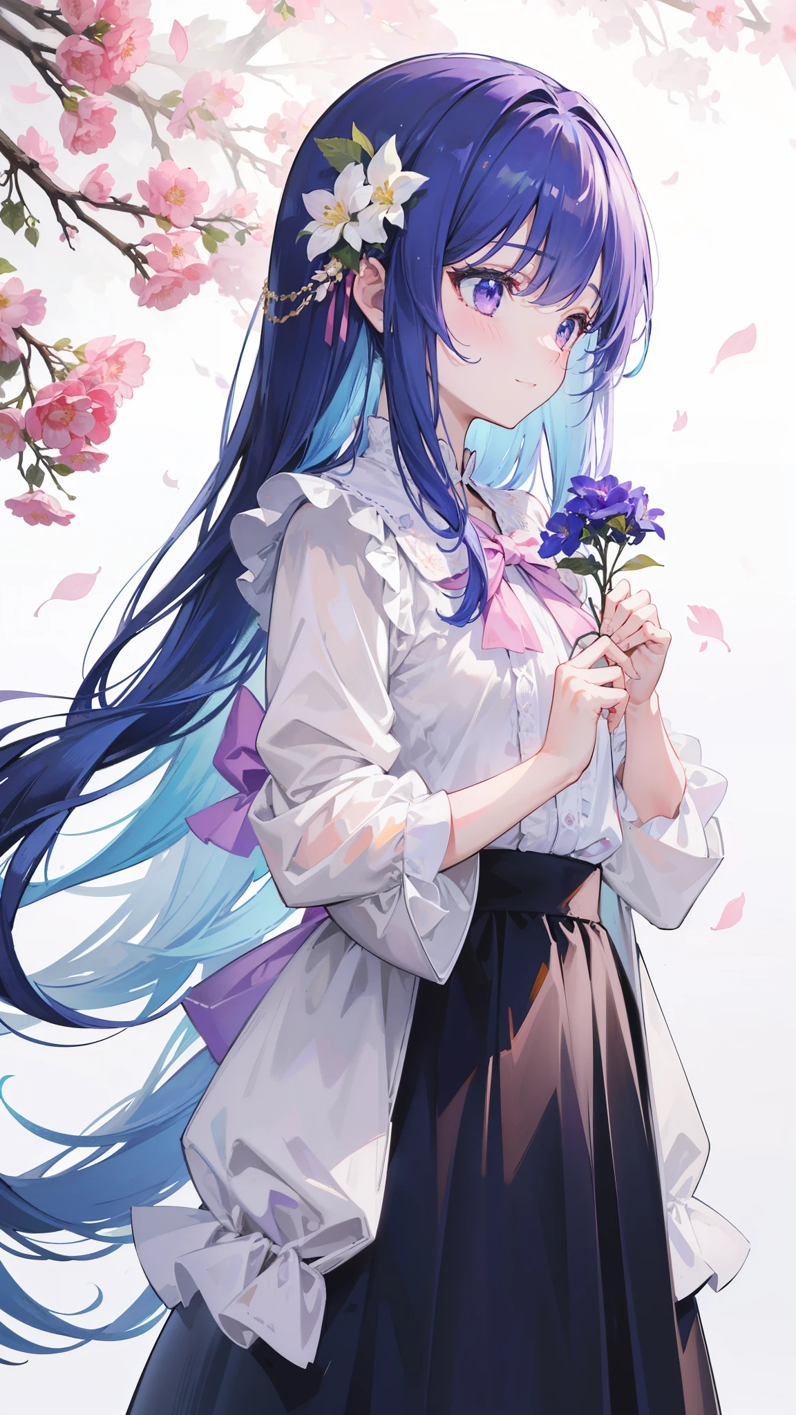 32k, best quality, ultra high res, HDR, UHD, extremely detailed CG, unity 32k wallpaper, highest quality, masterpiece, very detailed, detailed background, 1 girl, alone, long hair, flower, blue hair, white background, pink flower, simple background, profile, Upper body, shirt, white shirt, white flower, bow, bangs, purple eyes, leaf, blush, smile,
