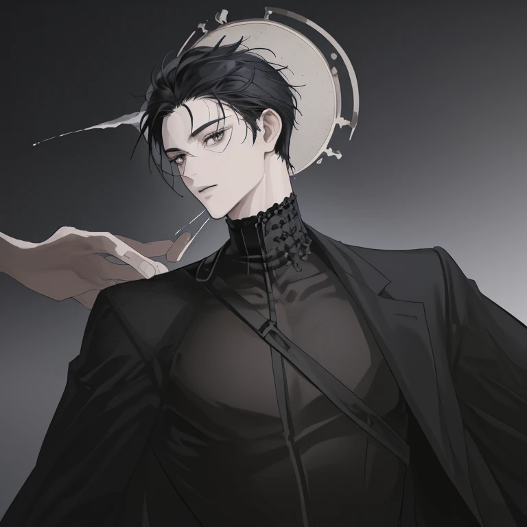Homme avec la peau noir,he has very black eyes black hair,regard vide avec du vent,il y a un fond de feu style enfer.The man is muscular but thin