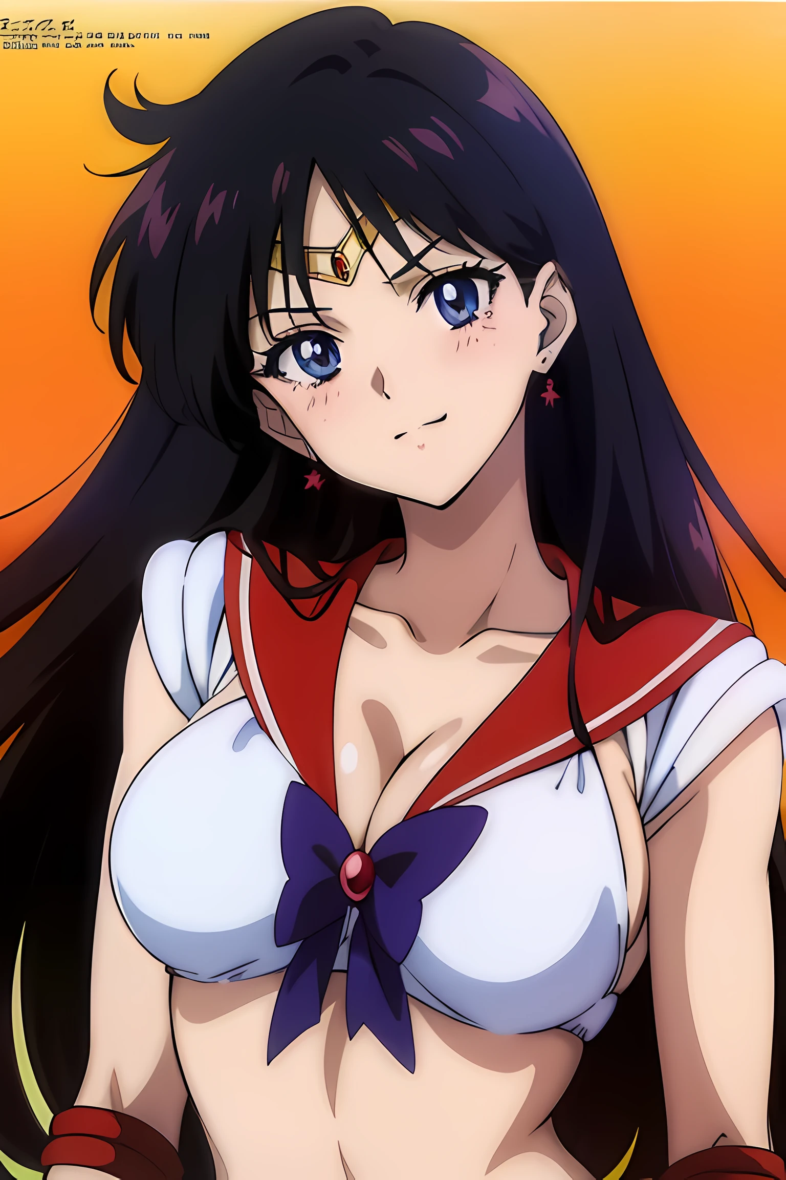 (masterpiece, best quality, high resolution, 2D, anime cels, megami magazine, 8K, Official art, sharp line), Sailor Mars, 1girl, sailor moon style:1.5, light smile, blush, black long hair, (large breasts:1.2), cleavage, (white bikini), red sailor collar, (white elbow gloves), (front viewer:1.5, upper body, standing), (perfect detailed anatomy, beautiful detailed eyes, beautiful detailed face, perfect body, shiny skin), simple background, 