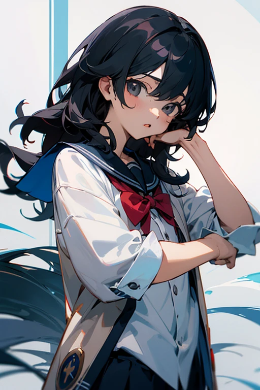 1girll, Beautiful detailed eyes, Brown hair long, Light blue eyes, a sailor suit, High white stockings, Glossy glossy skin, Seaside, beach, Waves, High contrast,ssmile,Side Body,Turn Back, ((Masterpiece, Best quality))