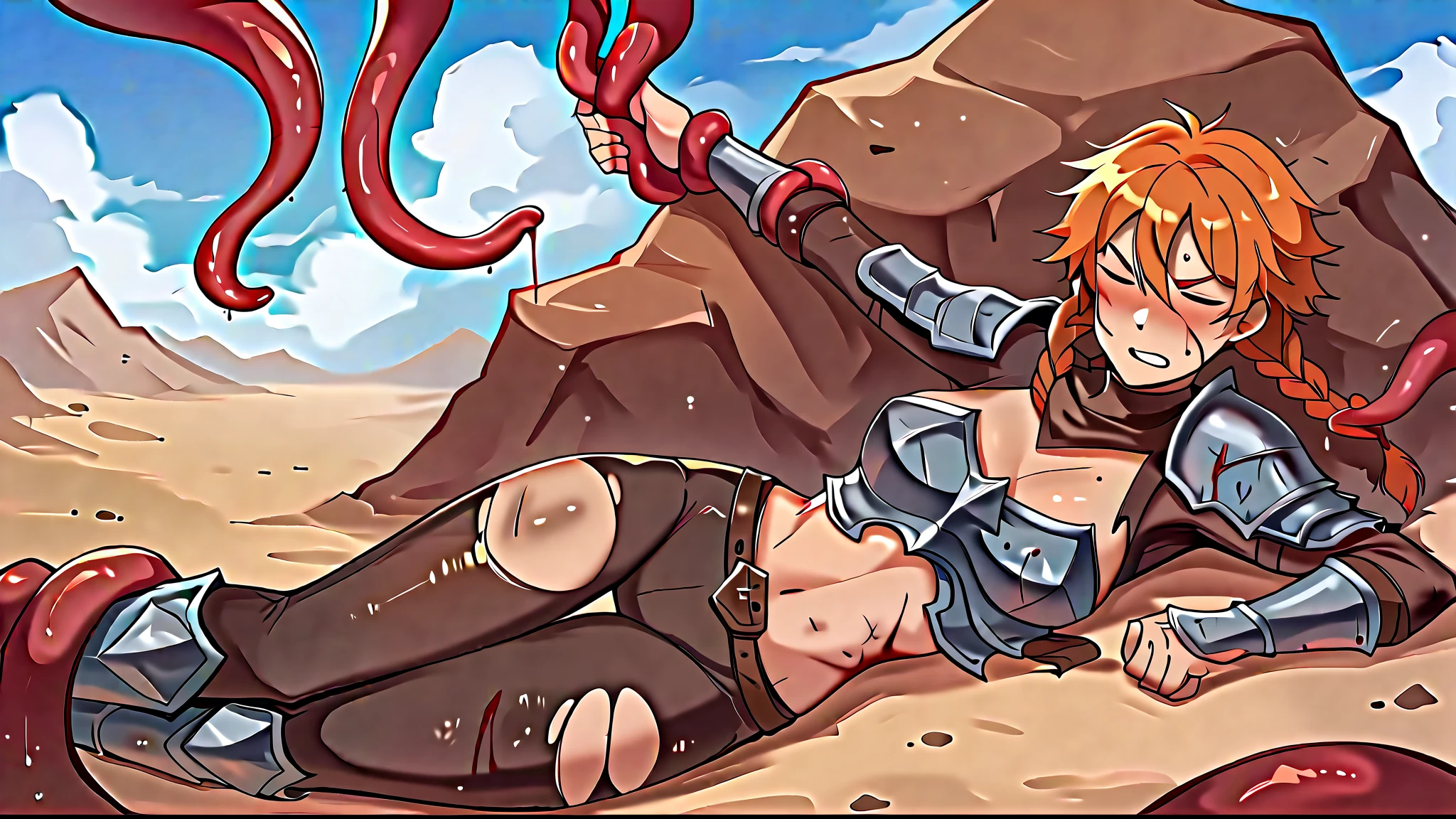 (score_9, score_8_up), score_7_up, score_6_up, Coqueline,(1 girl) ),(beautiful closed detailed eyes), angry face, on open air,beautiful feminine fmgura,sexy (elegant ninja armor),(dirty armor),((chest-fitting armor)),( armor in blood) , One, desert red canyon, orange hair with long braids, dirty hair on the ground,wild hair,iron armour, ( cracked armor,Ragged Armor),breastplate, upper body, day, sky,(The girl is lying on the ground), tight ripped brown bodysuit,maximally torn bodysuit, girl's hand on her stomach, Embryo Pose, ((brown cloth bracers)), (girl covered with stones), ((very ripped brown tight pants, bloody pants, torn pants at the hip,((image of a character crashing on the ground)) ,((lying dead)),((stuck in the dirt)),((the girl is partially covered with sand and stones)) ,(stones on the body),((lying on his back)), (((the tentacles of their caves envelop the girl in mucus) ))