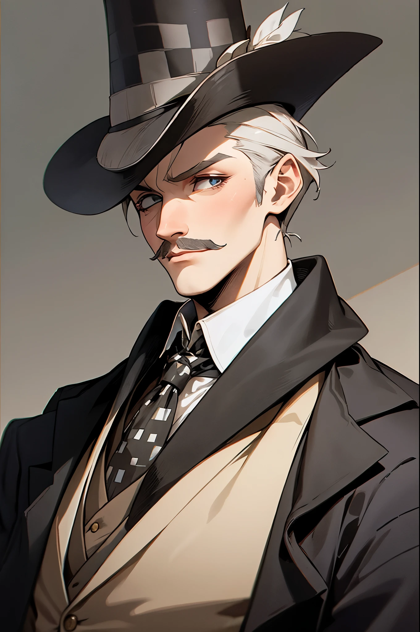 1800's london background, 1800's london outfit, suit and tie, dark cloak, top hat, mustashe, young male, checkered patterned clothing, checkered patterned hat,