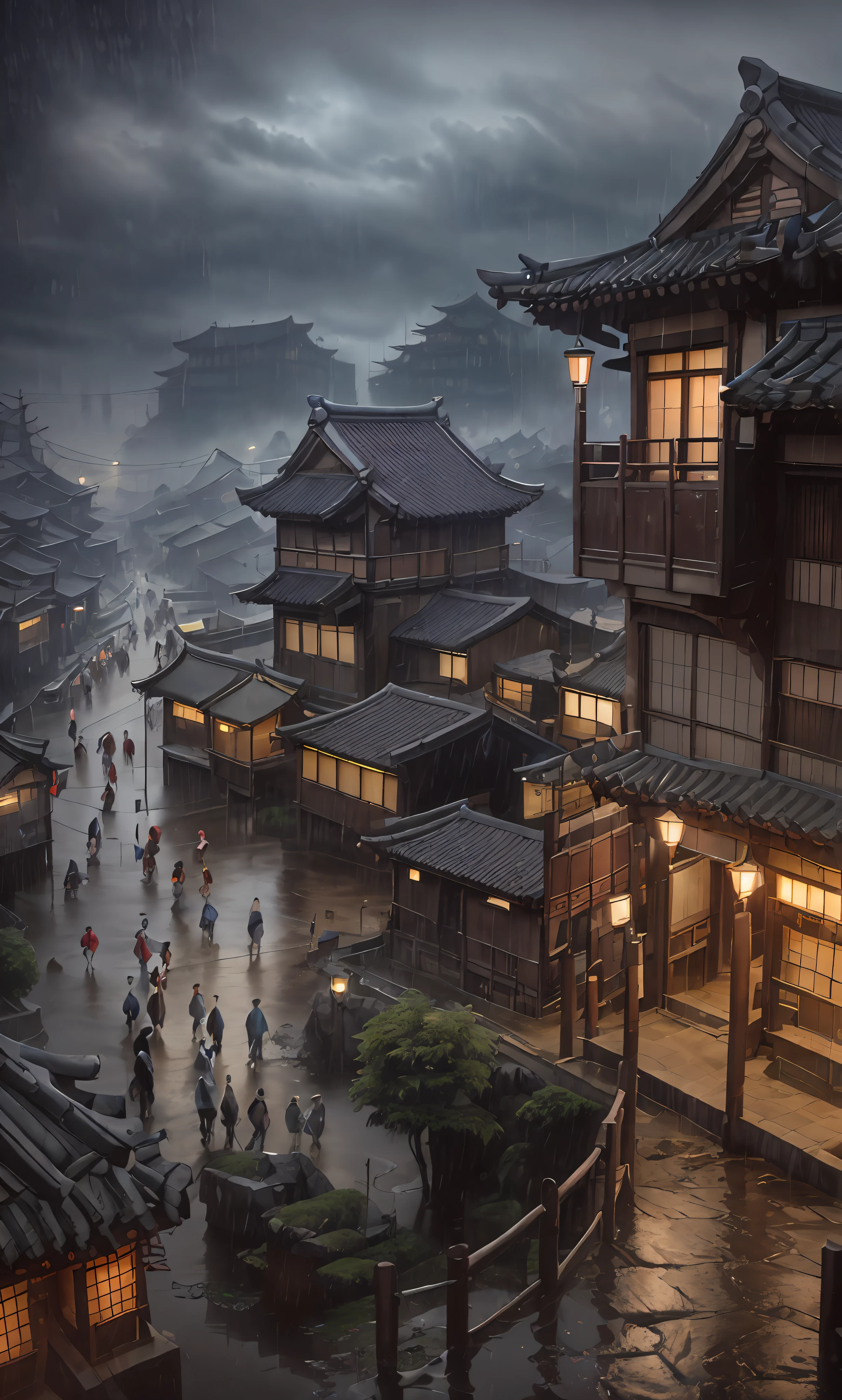 Vista de Arafed de un pueblo，muchas luces en los edificios，dreamy Chinese towns，pueblo chino，amazing wallpapers，Un japanese people，japanese people，Surreal photo of a small village，ancient asian village，ciudad de japon，Raymond Han，tarde lluviosa, Antiguo castillo chino Cyberpunk, edificio bien iluminado, Por la tarde bajo la lluvia, hermoso y estetico, Photograph of, cinematic light, 8K, alto detalle ((Lluvias muy intensas)))，There are pedestrians and children in the street.，children frolicking