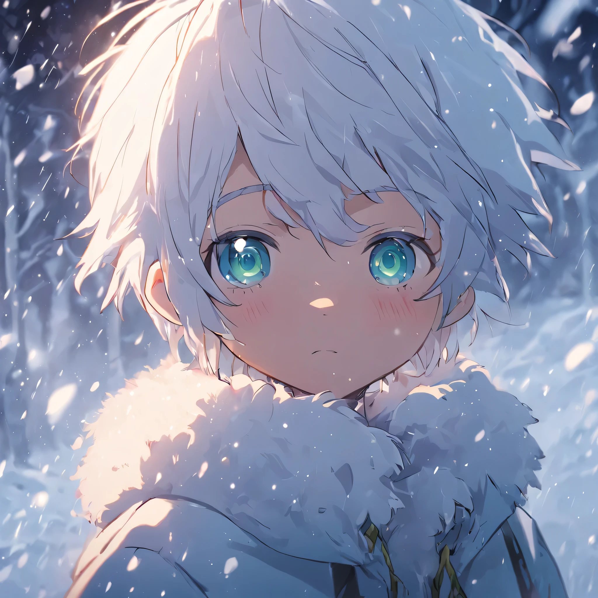 boy 14 years old, Blue eyes, White hair, focus on the face, Snowy Forest, anime