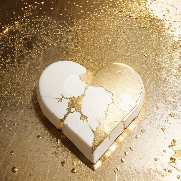 Make a white heart that has golden cracks and golden drops fall from the cracks 