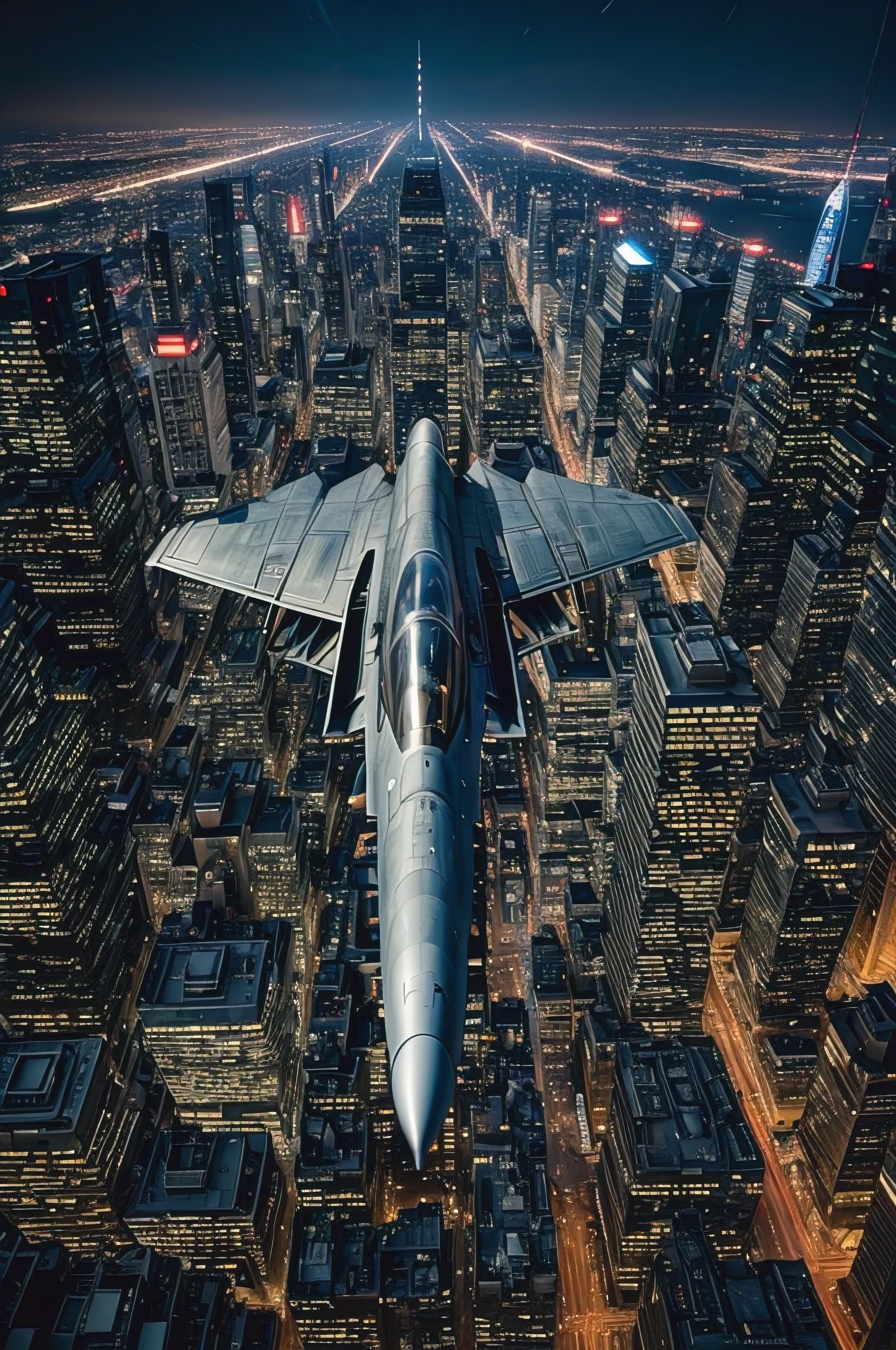 (best quality,ultra-detailed,realistic),fighter jet, flying over a city, at night, with vibrant city lights, atmospheric mood, cityscape, tall skyscrapers, glowing windows, illuminated streets, bustling traffic, dynamic motion blur, powerful engine exhaust, dramatic shadows, futuristic technology