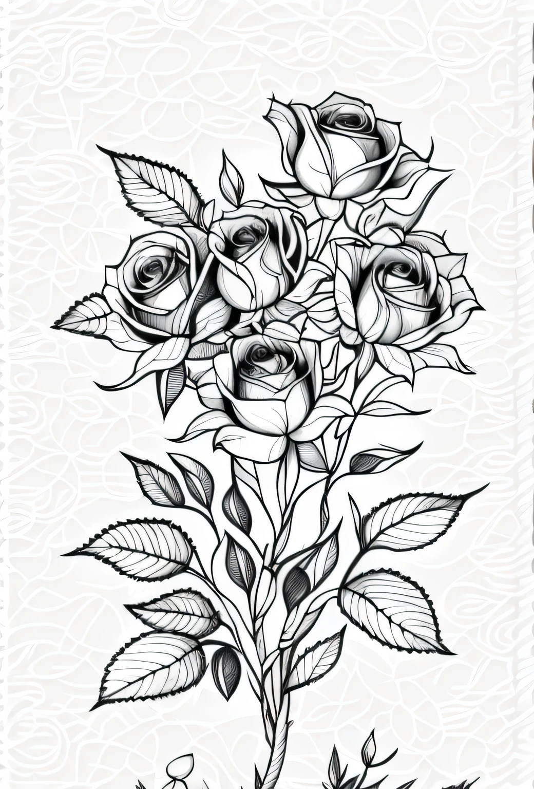 A drawing of a bouquet of roses with leaves on a white background ...