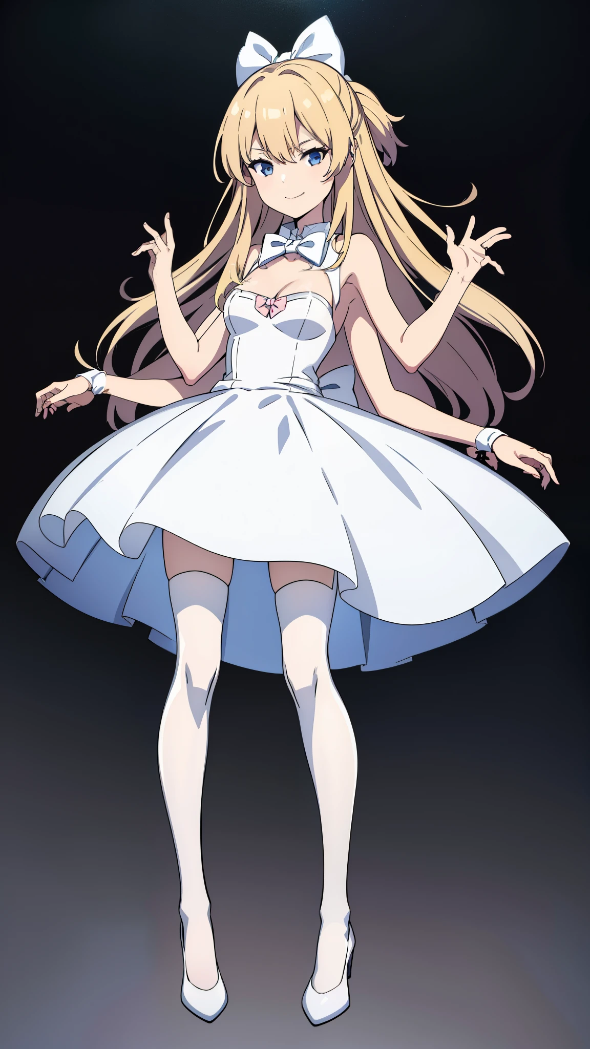 (1girl,20 years old,mature female),blonde hair,long hair,white dress, sleeveless, bow tie, bare shoulders,smile,cleavage,pantyhoses,(white background)),extra arms,four arms,full body