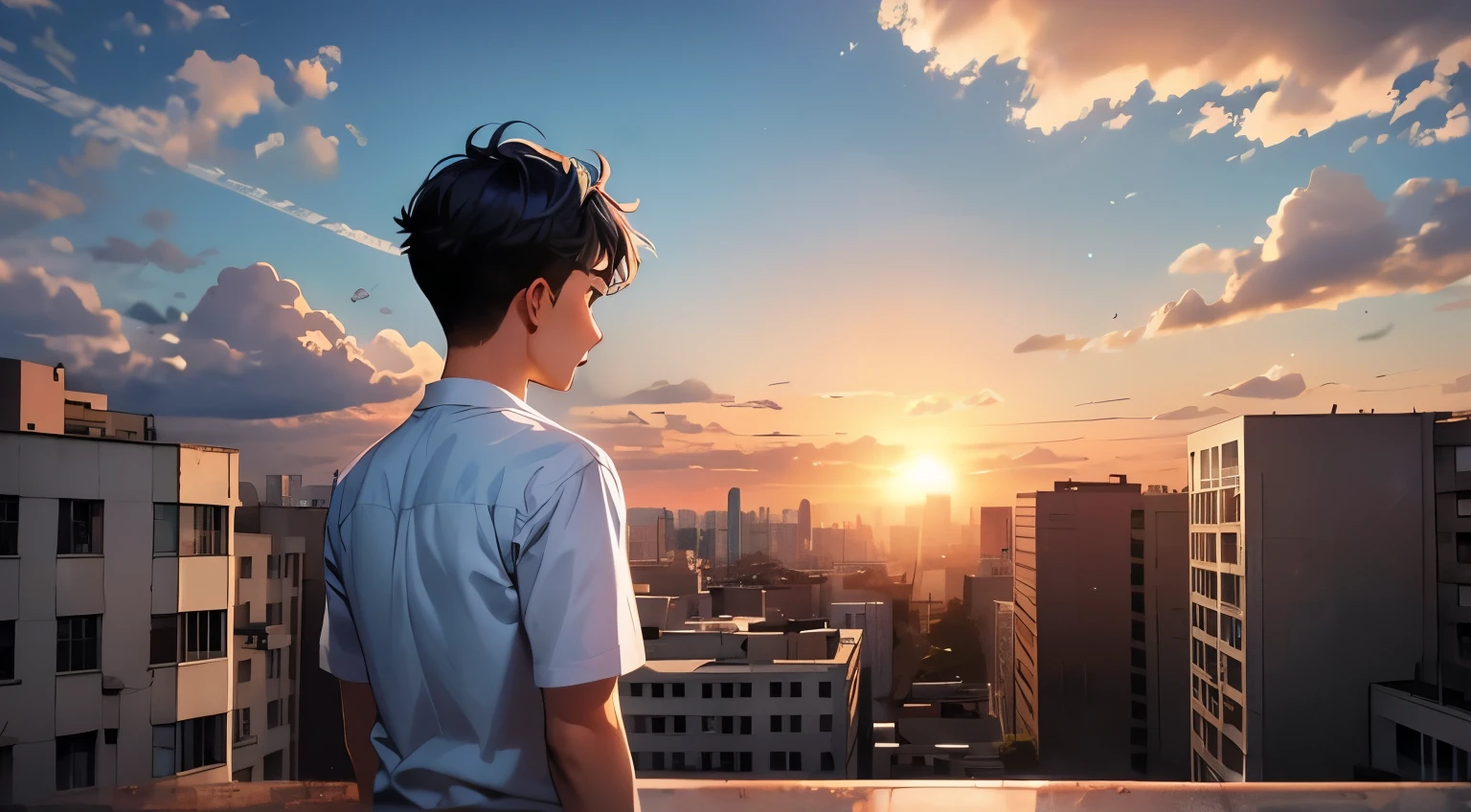 young man with blue hair on his back looking at a city he is 16 years old