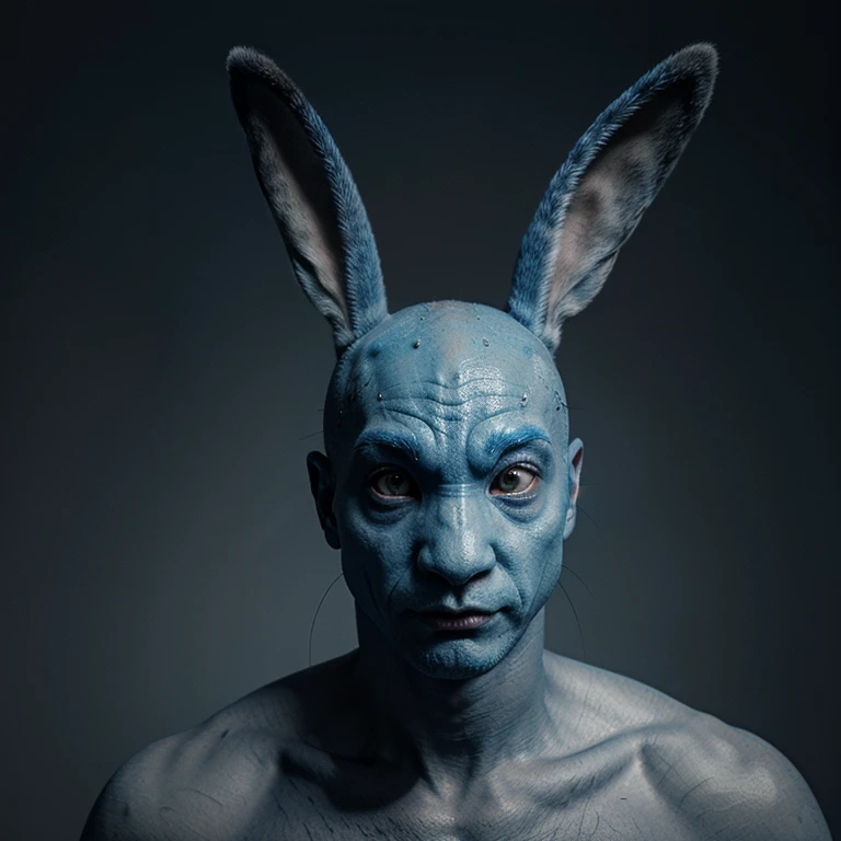 realistically, scary, ugly, blue round hare without hair with long ears
