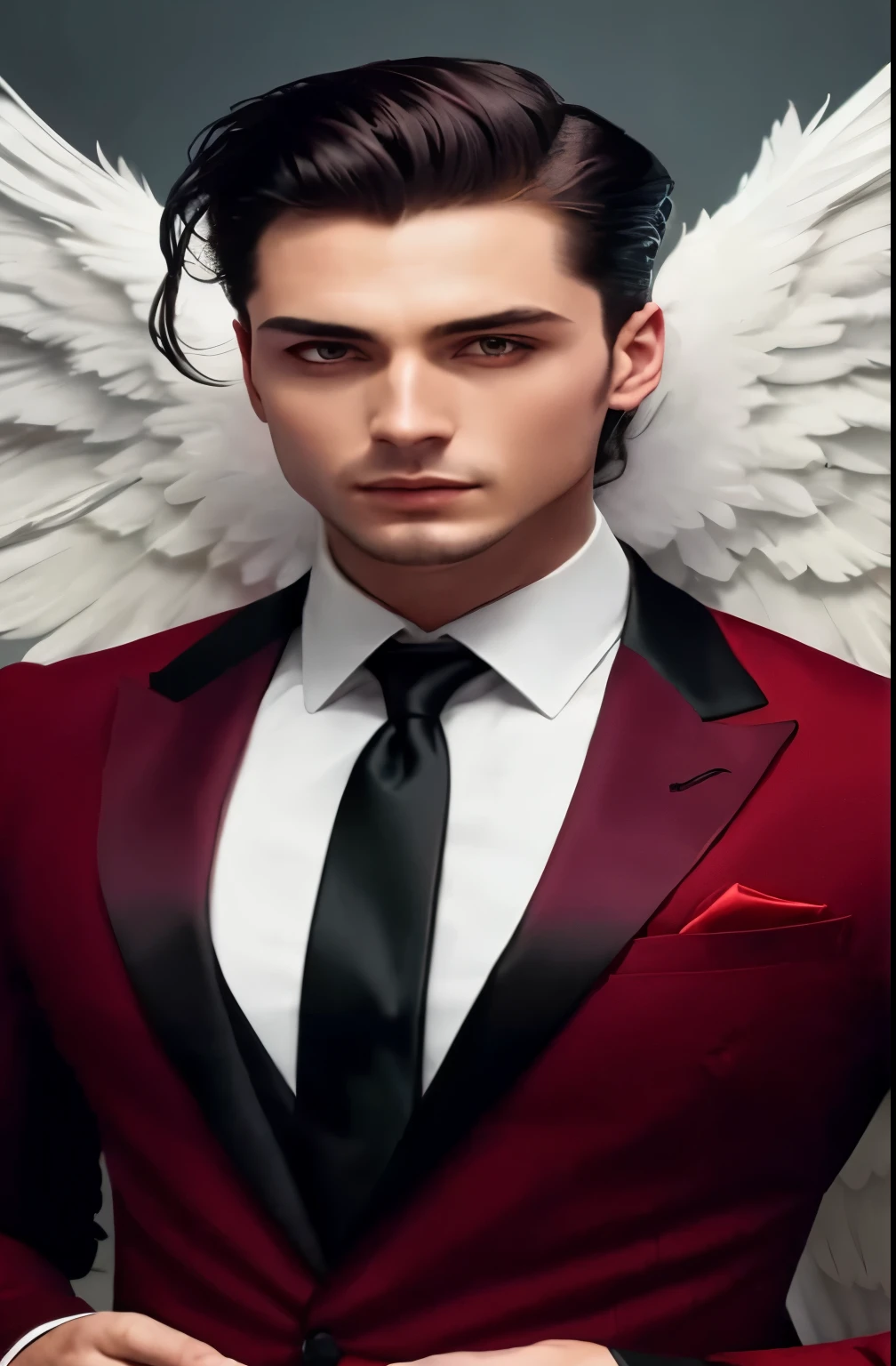 a close up of a man in a suit with wings on his head, wearing red formal attire, exquisite and handsome wings, red suit, wearing a black and red suit, red and black suit, wearing fantasy formal clothing, feather suit, handsome male vampire, crimson attire, black and red suit, beautiful androgynous prince, red tailcoat, red tie
