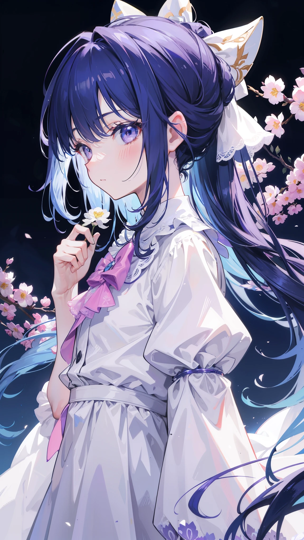 32k, best quality, ultra high res, HDR, UHD, extremely detailed CG, unity 32k wallpaper, highest quality, masterpiece, very detailed, detailed background, 1 girl, alone, long hair, flower, blue hair, white background, pink flower, simple background, profile, Upper body, shirt, white shirt, white flower, bow, bangs, purple eyes, leaf, blush