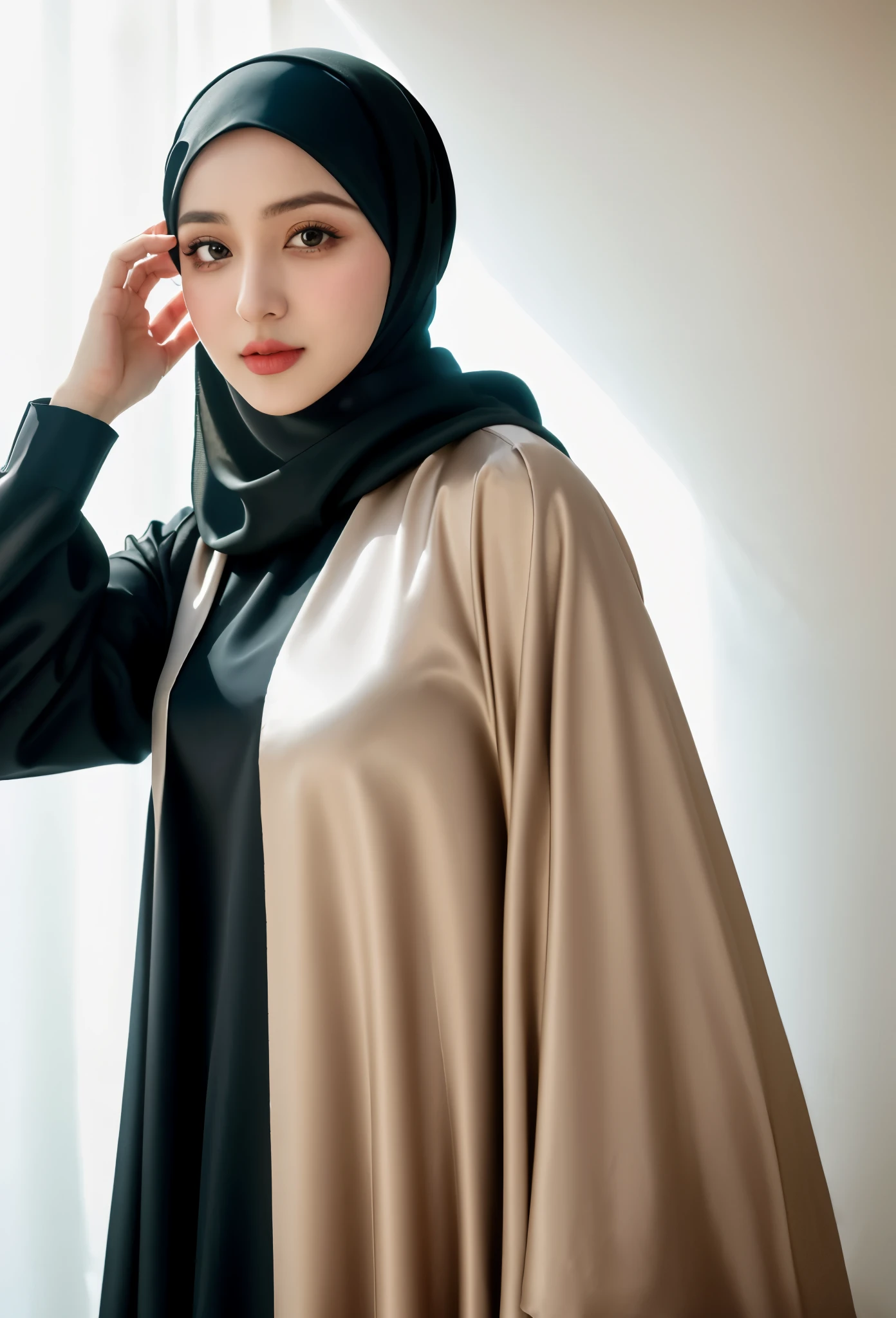 RAW photo of a 24 year old girl wearing hijab, satin abaya, satin, hijab face portrait, neutral background, 8k uhd, dslr, soft lighting, high quality, film grain, Fujifilm XT3, covered dress, decent dress, big tits:1.5