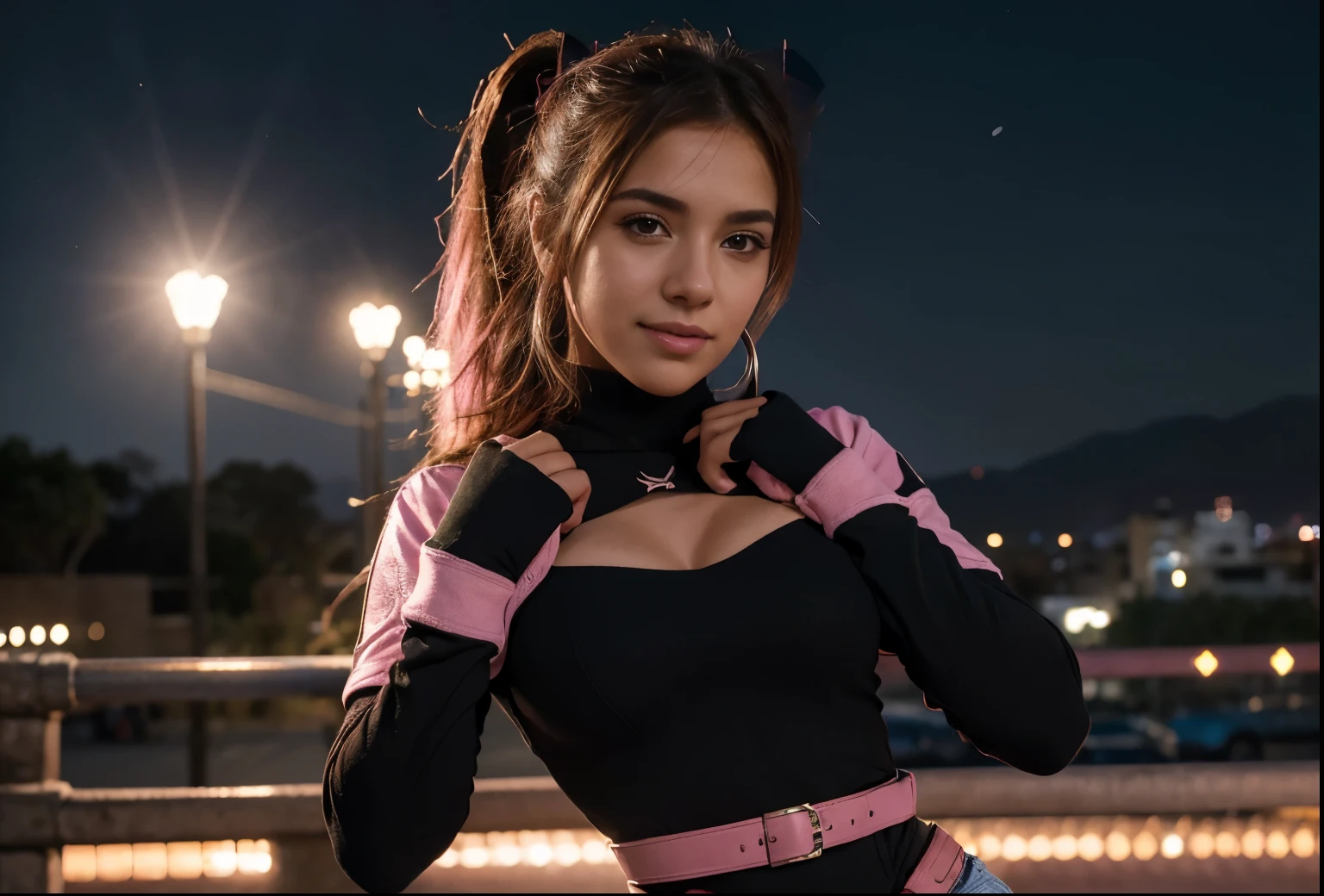 1 chica,tiro de vaquero, Hermosa Nora_valquiria, mirando al espectador, Sonrisa, cabello corto,heart cutout, guantes, chaqueta, falda rosa, pink belt, mangas cortas, mangas hinchadas, brazalete simple, fingerless guantes, pelo naranja, pink guantes, dynamic pose, Noche, al aire libre, ciudad, (volumetric lighting), Mejor calidad, obra maestra, detalles intrincados, mapeo de tonos, sharp focus, hiper detallado, tendencia en ArtStation,