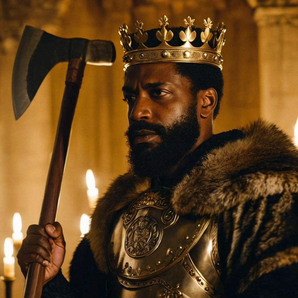 negro sentado ao trono, 35 anos, cabelo curto e barba curta, crown on head and holding an ax. Well-lit castle setting