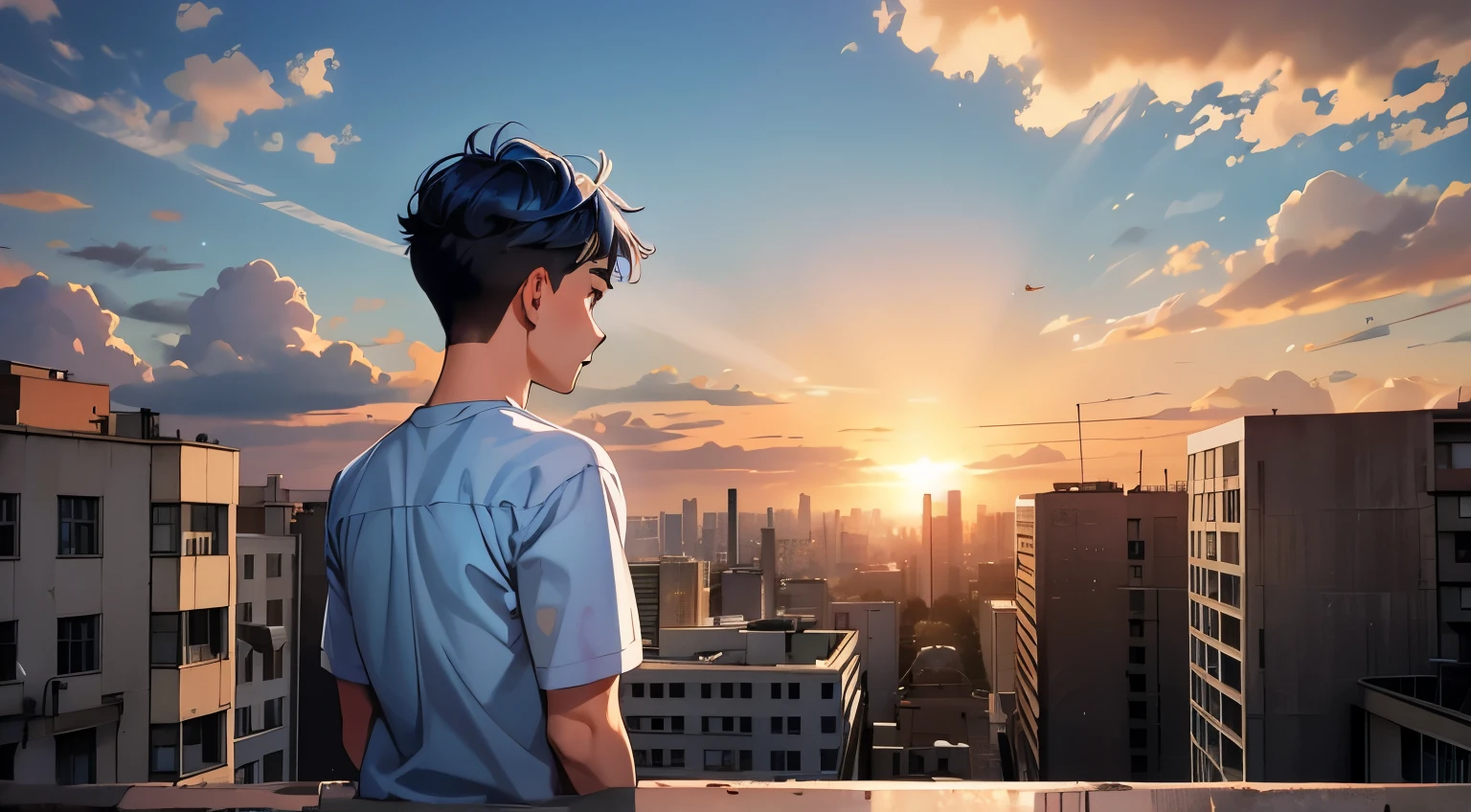 young man with blue hair on his back looking at a city he is 16 years old