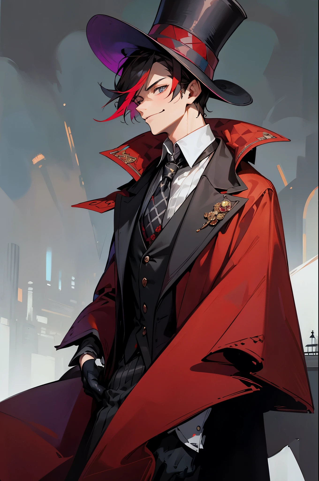 1800's london background, 1800's london outfit, suit and tie, dark cloak, top hat, young male, checkered patterned clothing, checkered patterned hat, colorful clothing, red highlights in hair, smirking, muscular, dark skies