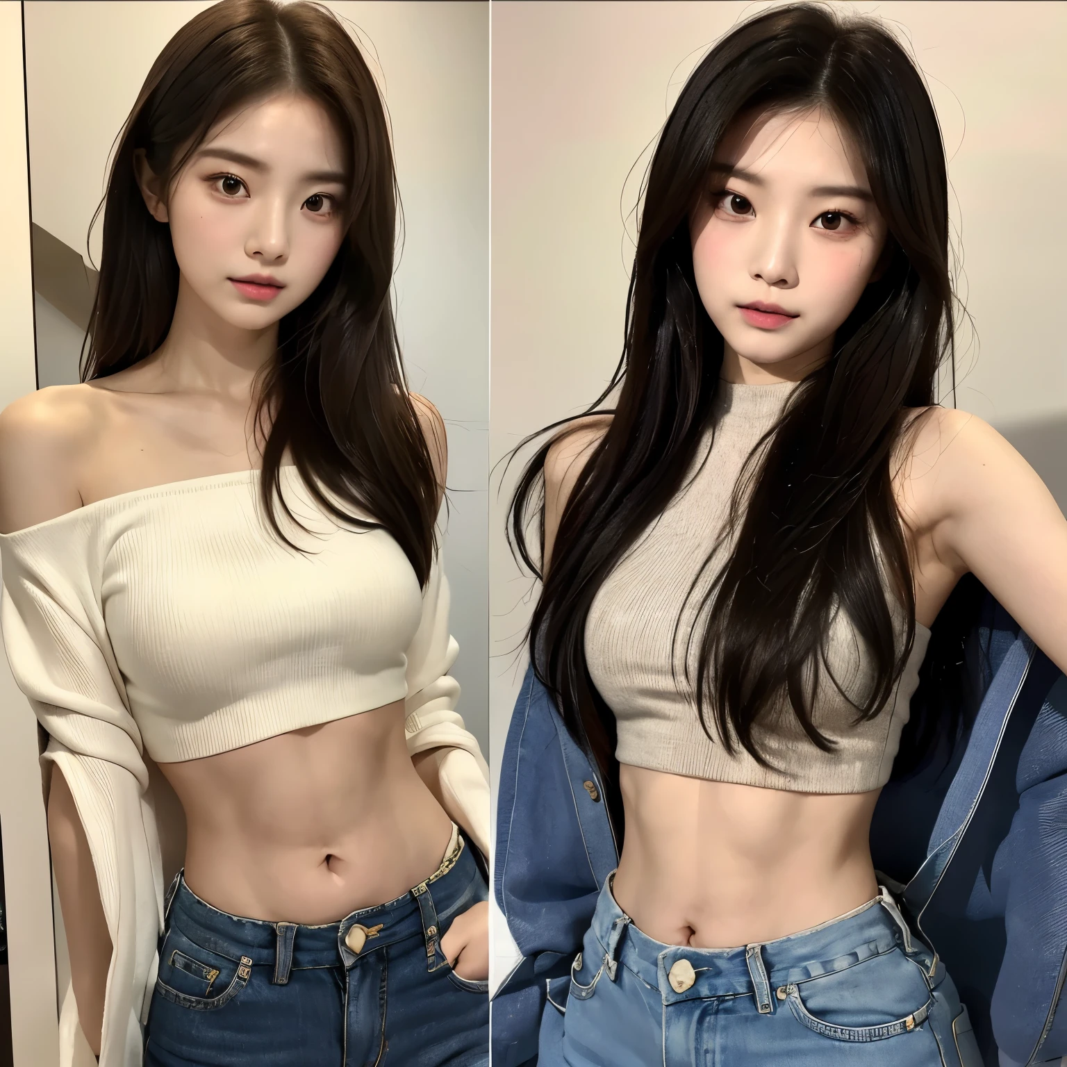 two photos of a woman with long hair and a crop top, tzuyu from twice, jaeyeon nam, bae suzy, gorgeous young korean woman, korean girl, aesthetic!!!!!! female genie, beautiful south korean woman, beautiful young korean woman, portrait of female korean idol, wearing a cropped tops, jinyoung shin, lee ji - eun, lee ji-eun, korean idol