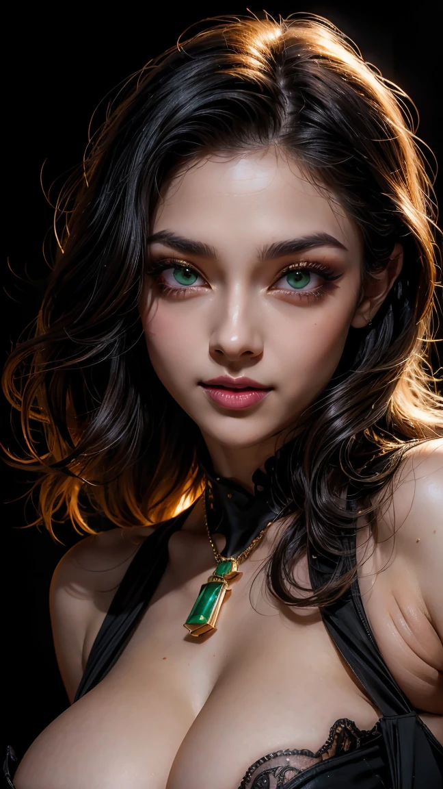 vector image, vibrant colours, smooth gradation, best quality, masterpiece, absurdres, ((isolated)), (pitch black background), (detailed face and eyes:1.2), sweet smile, detailed beautiful eyes, eyelashes, glossy full lips, sensual, volumetric lights, medium shot, half body shot, busty, full cleavage, deep cleavage, curvaceous, Unimaginably beautiful girl, enchanting, glistening skin, burst out breast, tinted green and golden back lights, smoky big eyes, ((****))