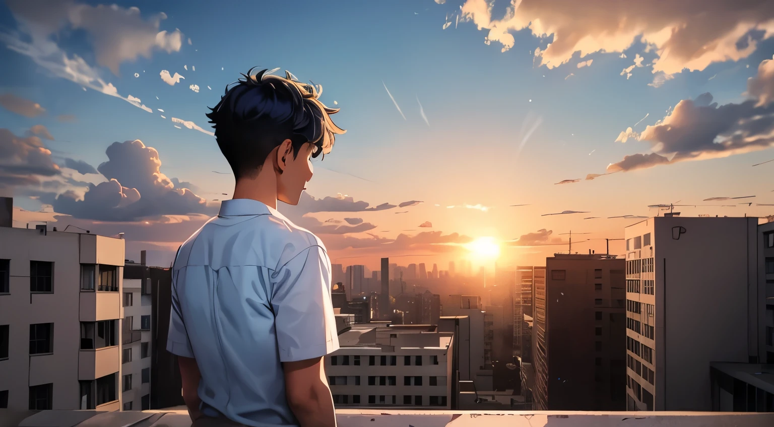 young man with blue hair on his back looking at a city he is 16 years old