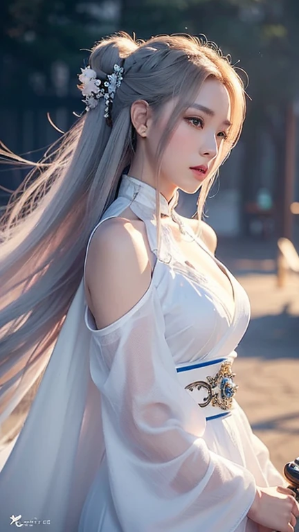 a close up of a woman with a sword in a white dress, a character portrait by Yang J, trending on cgsociety, fantasy art, beautiful character painting, artwork in the style of guweiz, guweiz, white hanfu, flowing white robes, full body wuxia, epic exquisite character art, stunning character art, beautiful female assassin