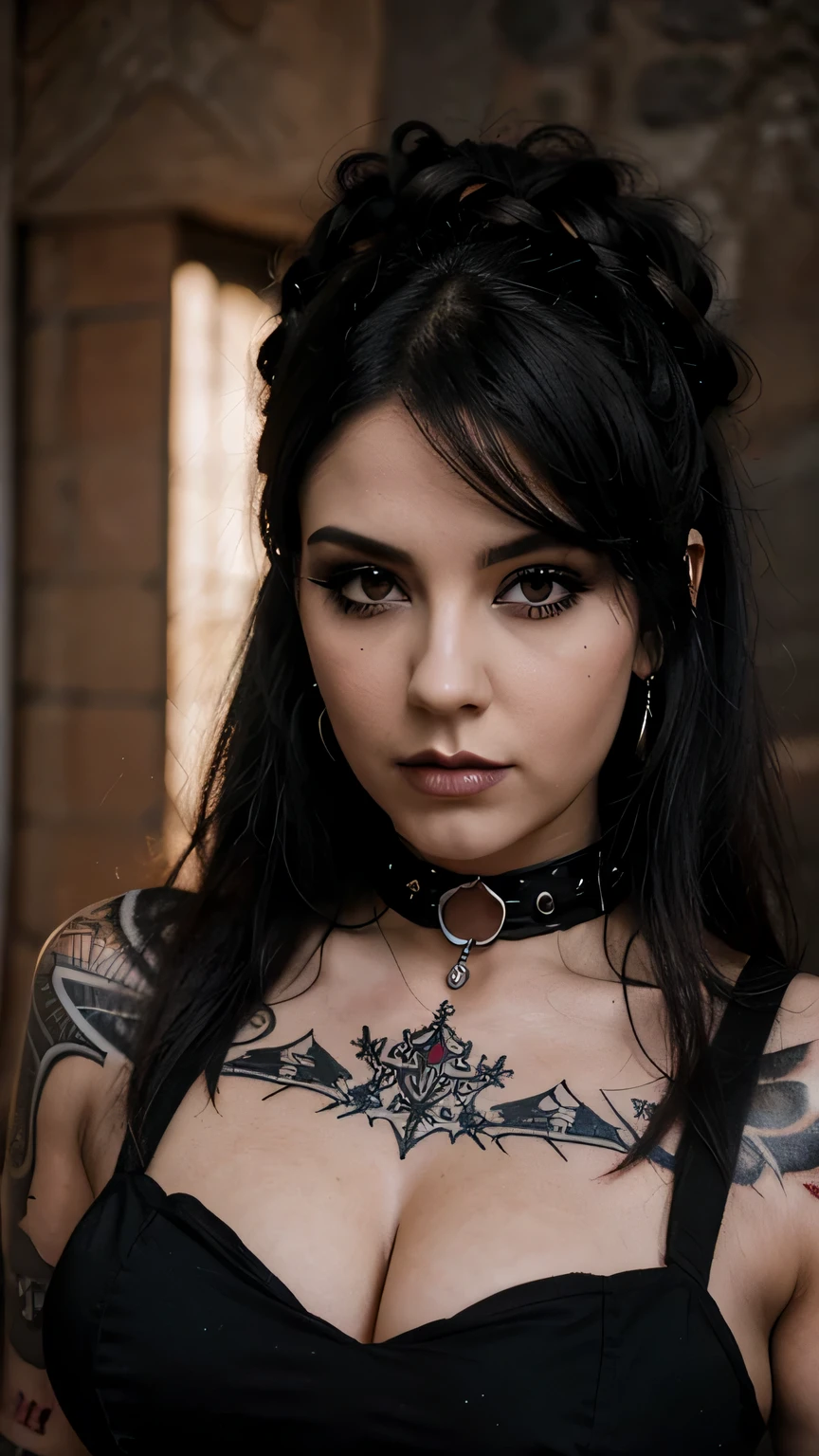 Hermosa mujer rockera, gothic style, usando mini falda y blusa escotada, bello rostro, de cuerpo gordita, foto cuerpo entero, maquillaje oscuro, con tatuajes, pelo color rojo y piel muy blanca.