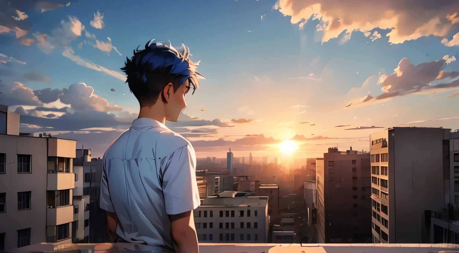 young man with blue hair on his back looking at a city he is