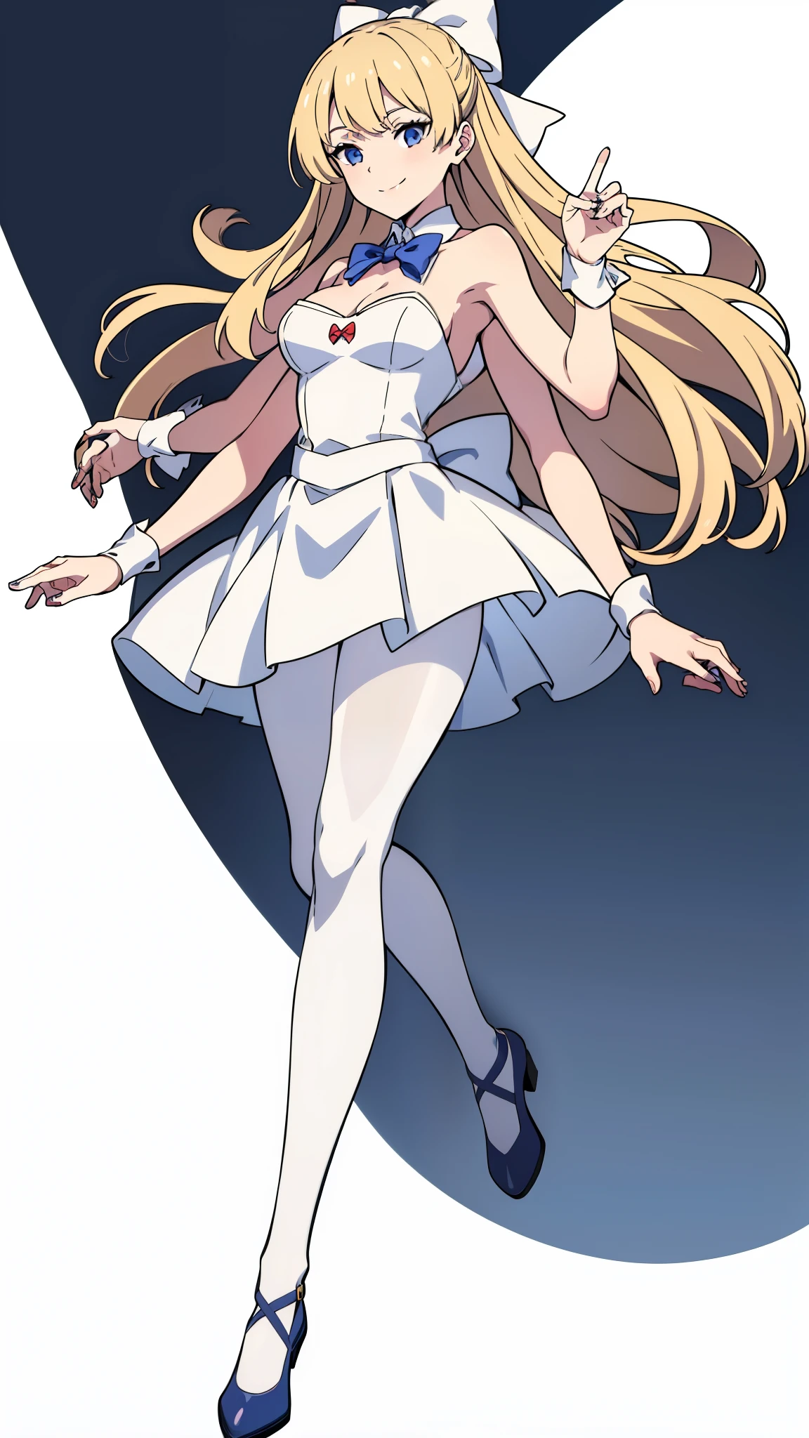 (1girl,20 years old,mature female),blonde hair,long hair,white dress, sleeveless, bow tie, bare shoulders,smile,cleavage,pantyhose,(white background),extra arms,four arms