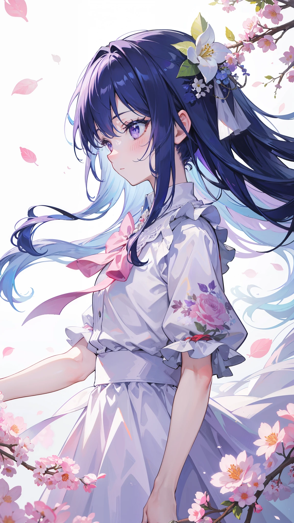 32k, best quality, ultra high res, HDR, UHD, extremely detailed CG, unity 32k wallpaper, highest quality, masterpiece, very detailed, detailed background, 1 girl, alone, long hair, flower, blue hair, white background, pink flower, simple background, profile, Upper body, shirt, white shirt, white flower, bow, bangs, purple eyes, leaf, blush