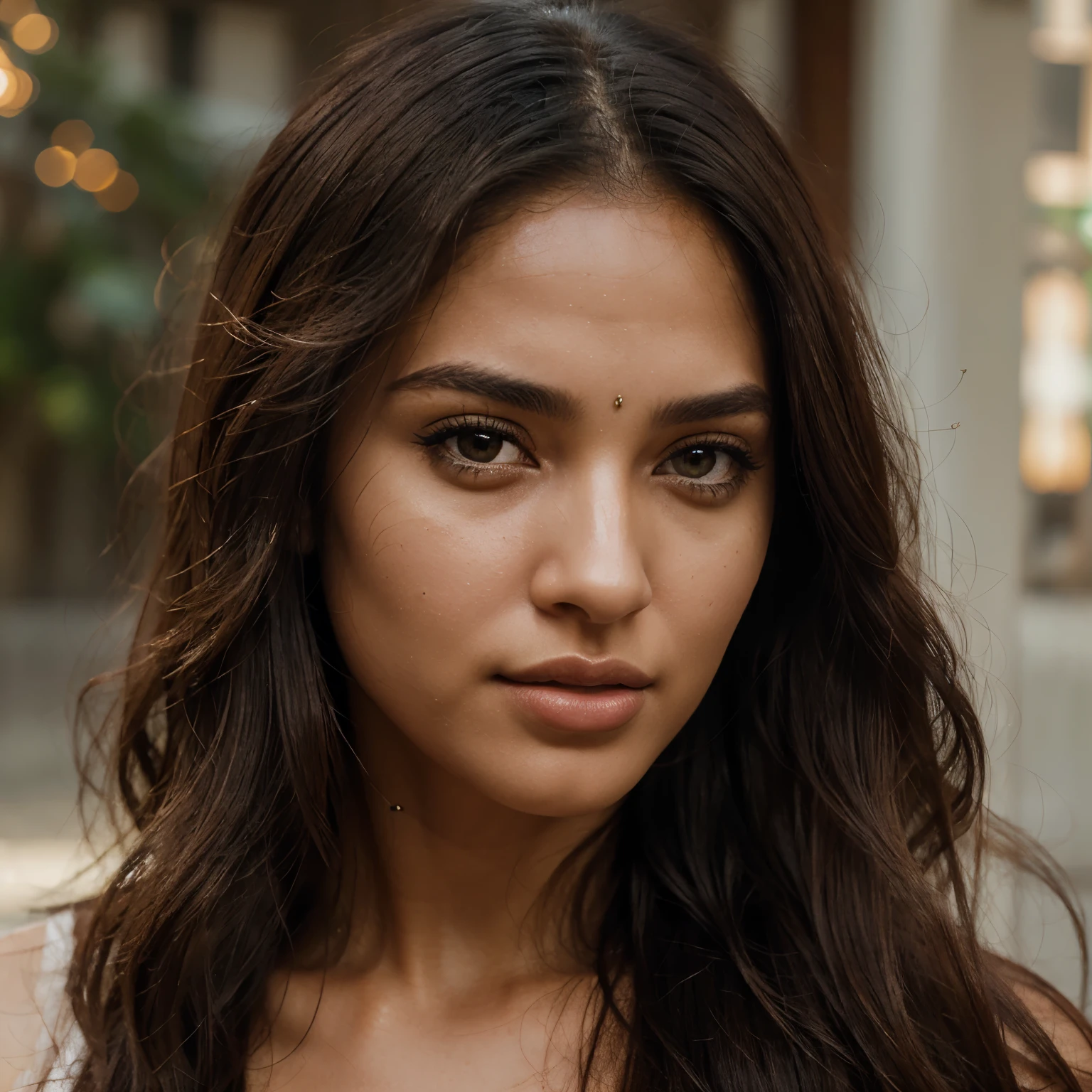 Create an ultra-realistic photo with even more enhanced details than before, showcasing a woman in her 20s of Arab and Indian mix. Aim for unparalleled detail in skin texture, lighting, and the subtleties of her facial features, such as wide brown eyes, an extremely thin long nose, big red lips, and dark long hair, ensuring no visible lines on the face. Achieve the highest level of photorealism by further emphasizing the nuances of her expression, the intricate texture of her lips, and the natural shine and fall of her hair.