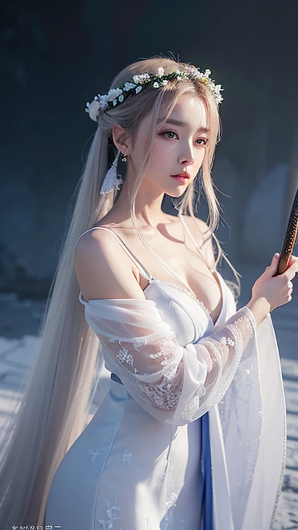 a close up of a woman with a sword in a white dress, a character portrait by Yang J, trending on cgsociety, fantasy art, beautiful character painting, artwork in the style of guweiz, guweiz, white hanfu, flowing white robes, full body wuxia, epic exquisite character art, stunning character art, beautiful female assassin