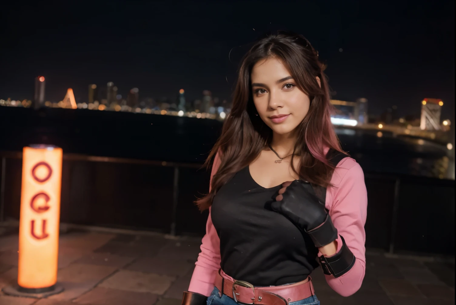 1 chica,tiro de vaquero, Hermosa Nora_valquiria, mirando al espectador, Sonrisa, cabello corto,heart cutout, guantes, chaqueta, falda rosa, pink belt, mangas cortas, mangas hinchadas, brazalete simple, fingerless guantes, pelo naranja, pink guantes, dynamic pose, Noche, al aire libre, ciudad, (volumetric lighting), Mejor calidad, obra maestra, detalles intrincados, mapeo de tonos, sharp focus, hiper detallado, tendencia en ArtStation,