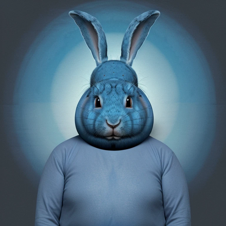 Horror, horror, ugliness. huge, shaped like a circle, blue fat hare with long ears