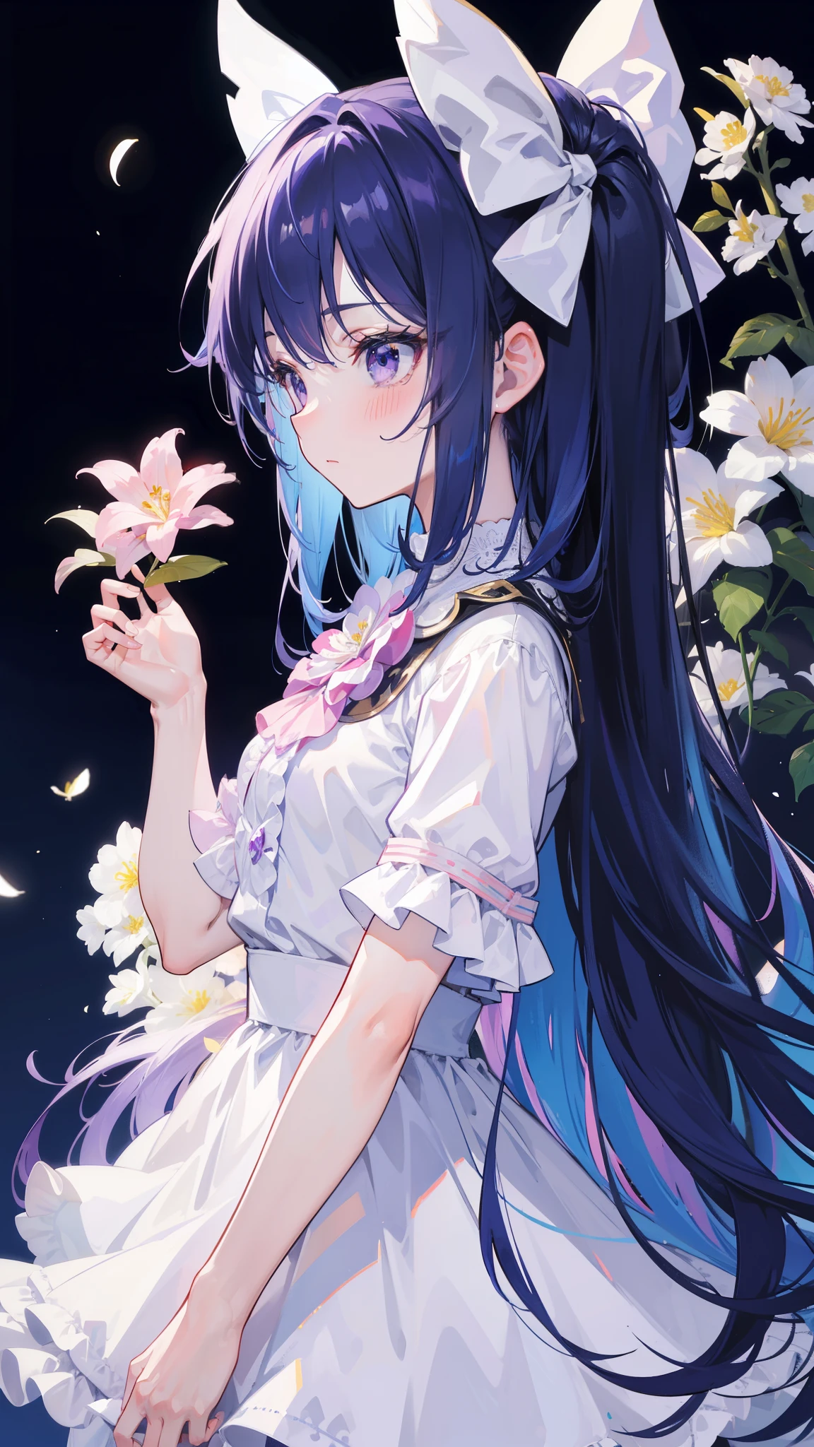 32k, best quality, ultra high res, HDR, UHD, extremely detailed CG, unity 32k wallpaper, highest quality, masterpiece, very detailed, detailed background, 1 girl, alone, long hair, flower, blue hair, white background, pink flower, simple background, profile, Upper body, shirt, white shirt, white flower, bow, bangs, purple eyes, leaf, blush