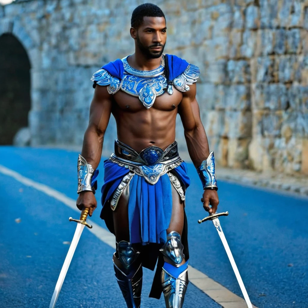 Mitologia Adricana. Homem negro com roupa de guerreiro azul e prata, 35 anos, caminhando nos trilhos de trem, cansado, segurando uma espada