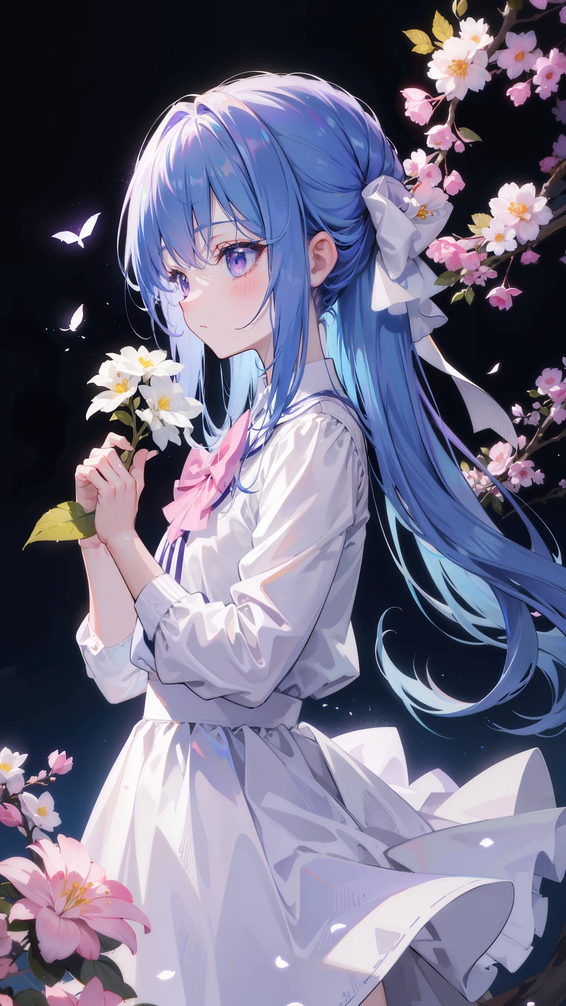 32k, best quality, ultra high res, HDR, UHD, extremely detailed CG, unity 32k wallpaper, highest quality, masterpiece, very detailed, detailed background, 1 girl, alone, long hair, flower, blue hair, white background, pink flower, simple background, profile, Upper body, shirt, white shirt, white flower, bow, bangs, purple eyes, leaf, blush