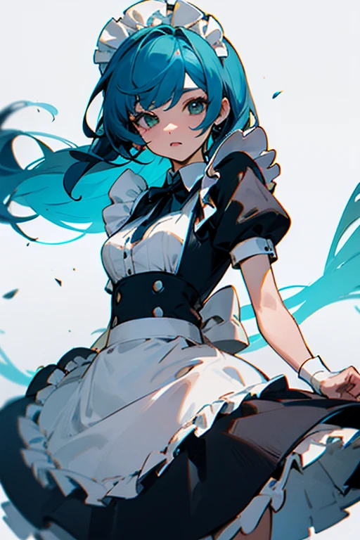 Chica maid, cabello era celeste, mirada de lujuria 